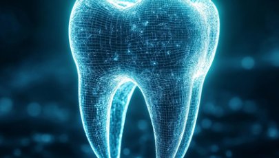 Desenho 3d de um dente em tons de azul.