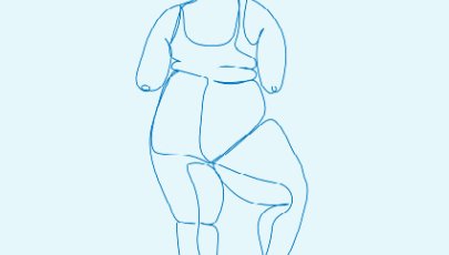 Ilustração minimalista em linha azul de uma mulher com corpo curvilíneo em posição de equilíbrio sobre uma perna, com a outra perna dobrada, sobre um fundo claro.