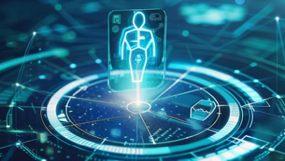 Uma ilustração digital de estilo futurista e tecnológico, com foco em saúde digital, medicina de precisão ou biotecnologia